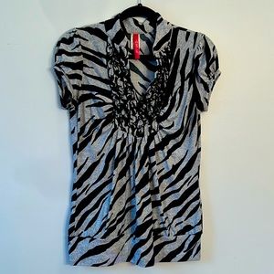 Heart Soul Zebra Print Short Sleeve Blouse Dress Shirt Size L